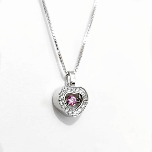 Dangling Halo Heart Necklace - Pink CZ Sterling Silver Necklace