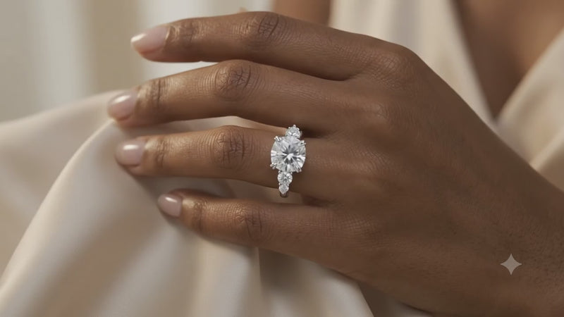 cushion cut diamond engagement ring, 14K white gold, pear side stones