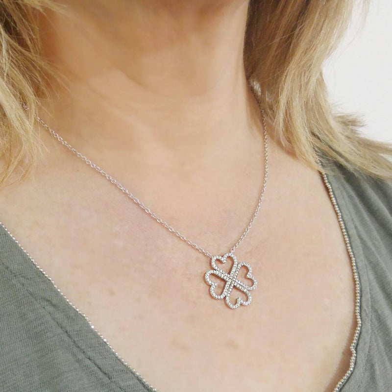 Diamond Heart-Shaped Four Leaf Clover Necklace Pendant